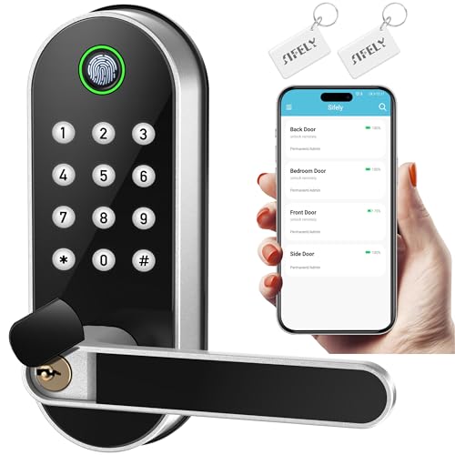 Keyless-Entry Fingerprint Smart Door Lock: Sifely Digital Electronic Lock with Code Passcode, Electric Door Knob, Biometric Handle, Perfect for Entry Doors, Bedroom Doors (Silver)