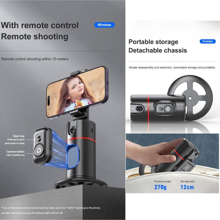 Auto Tracking Phone Holder,360° Rotation Phone Camera Mount Smart Shooting Phone Tracking Holder with Remote Selfie Stick for iPhone Android Stabilizer Shooting Live,No App,Rechargeable