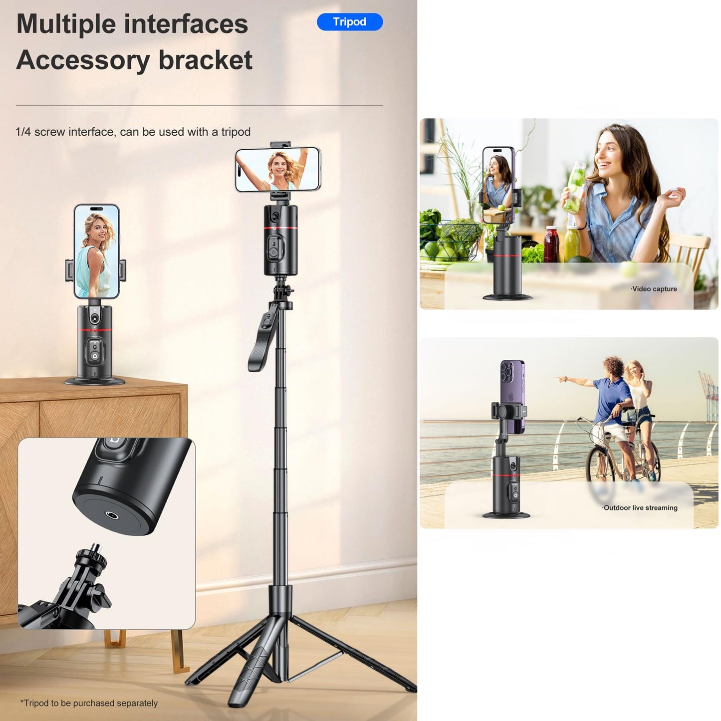 Auto Tracking Phone Holder,360° Rotation Phone Camera Mount Smart Shooting Phone Tracking Holder with Remote Selfie Stick for iPhone Android Stabilizer Shooting Live,No App,Rechargeable