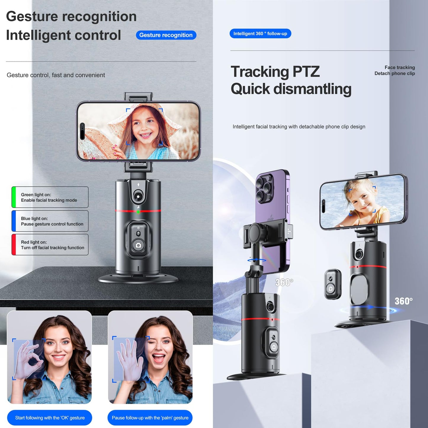 Auto Tracking Phone Holder,360° Rotation Phone Camera Mount Smart Shooting Phone Tracking Holder with Remote Selfie Stick for iPhone Android Stabilizer Shooting Live,No App,Rechargeable