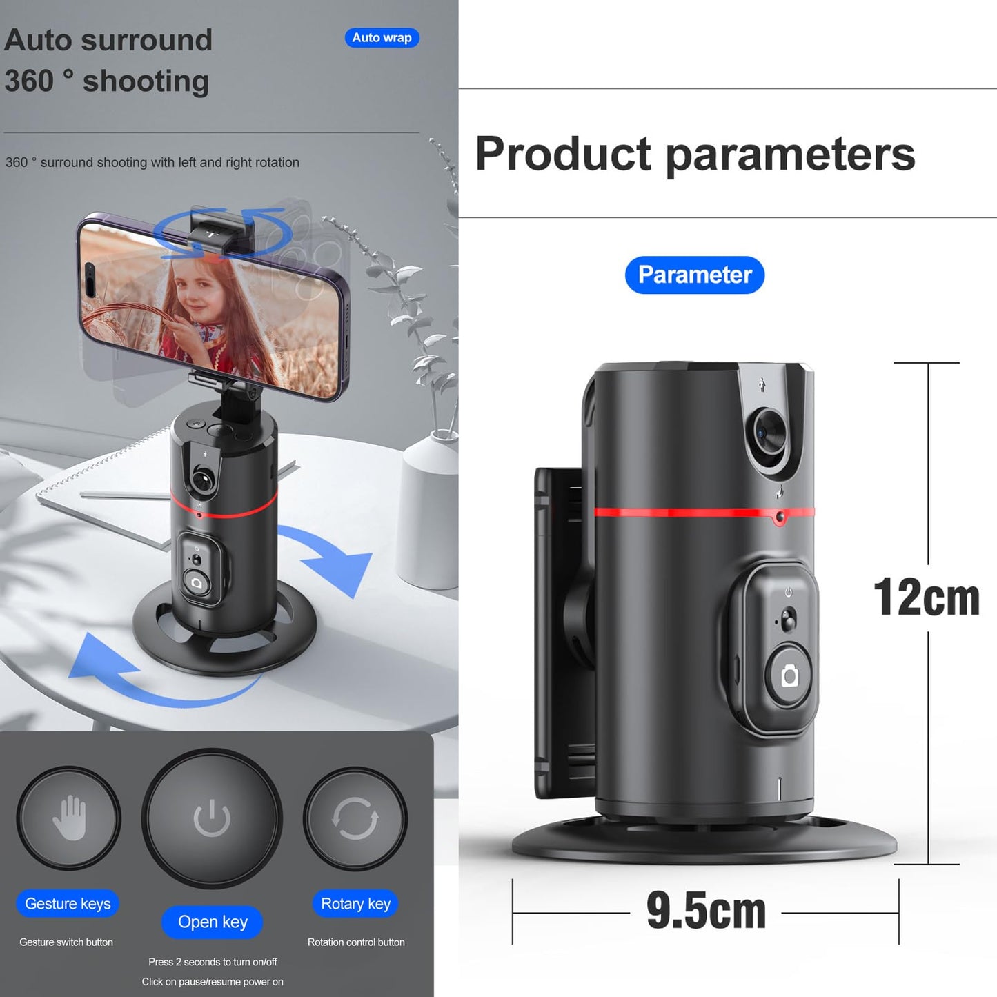 Auto Tracking Phone Holder,360° Rotation Phone Camera Mount Smart Shooting Phone Tracking Holder with Remote Selfie Stick for iPhone Android Stabilizer Shooting Live,No App,Rechargeable